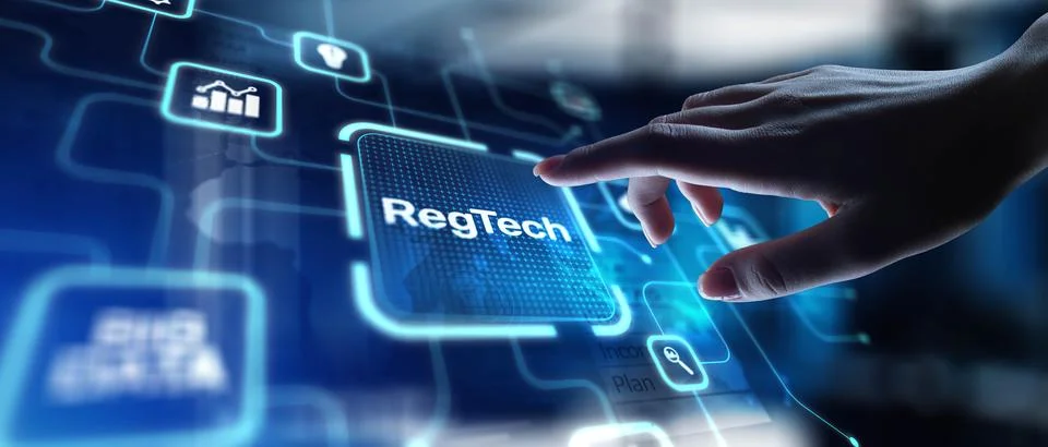 RegTech Interface Emerging from Processor Circuit with Human Interaction. Stock-Fotos