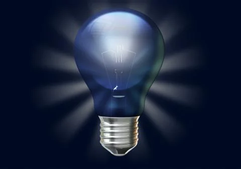 A regular blue light bulb with stylized irradiating rays on an isolated dark  Stock Illustration