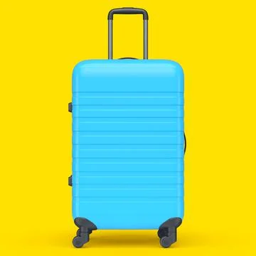 Regular blue polycarbonate suitcase isolated on yellow background. Stock Illustration