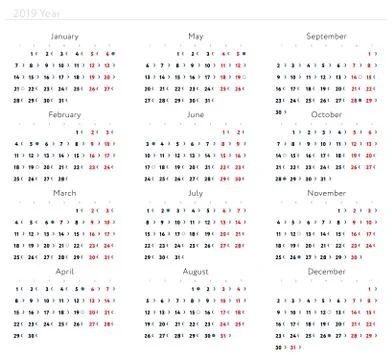 Regular calendar grid with moon phases, year 2019 Illustrazione stock