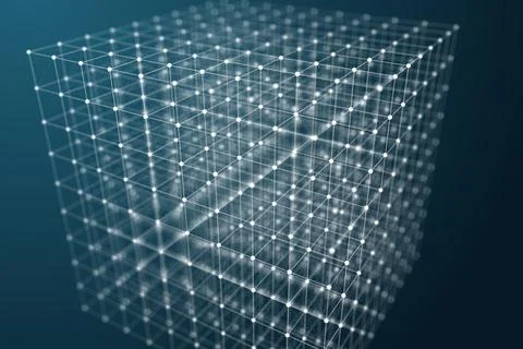 Regular cube of lines and points in space. Shallow depth of field Illustrazione stock
