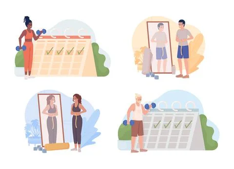 Regular exercise for weight loss 2D vector isolated illustrations set 스톡 일러스트