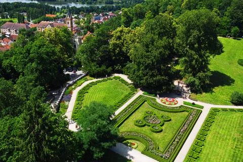 Regular garden view from castle tower in Hluboka nad Vltavou, Czech Republic Stock Photos