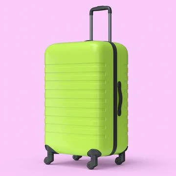 Regular green polycarbonate suitcase isolated on pink background. Stock Illustration