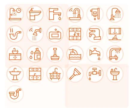 Regular Line Detail Enhanced Vector Icons from Faucet Set with 25 64x64 Icons Stock Illustration