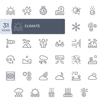 Regular Line Grid Fitted Vector Icons from Climate Set with 35 128x128 Icons Stock Illustration