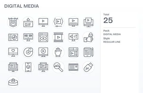 Regular Line Grid Fitted Vector Icons from Digital Media Set with 25 128x12.. Stock Illustration