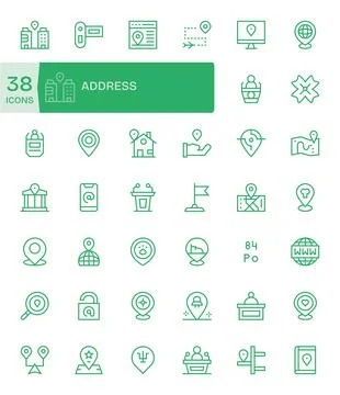 Regular Line Style Address Vector Icons with 42 High Resolution PIXEL Perfe.. Stock Illustration