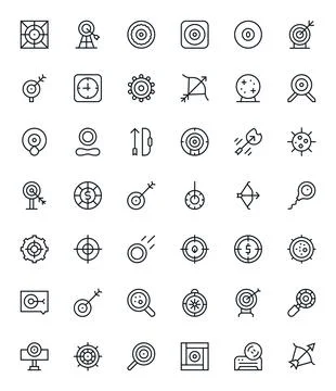 Regular Line Style Aim Vector Icons with 42 256x256 Pixel Optimized Designs Stock Illustration
