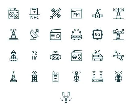 Regular Line Style Antenna Vector Icons with 25 64x64 Grid Fitted Designs Stock Illustration