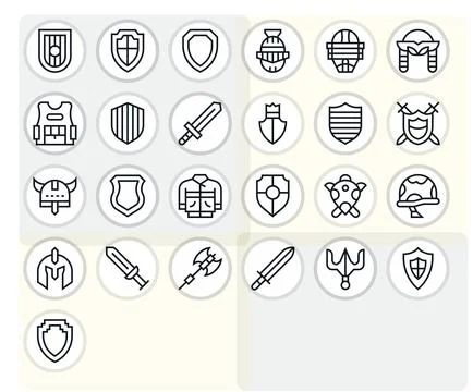 Regular Line Style Armor Vector Icons with 25 256x256 Pixel Optimized Designs Stock Illustration