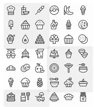 Regular Line Style Dessert Vector Icons with 42 256x256 Pixel Aligned Designs Illustrazione stock