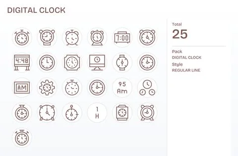 Regular Line Style Digital Clock Vector Icons with 25 128x128 Pixel Aligned.. Stock-Illustration