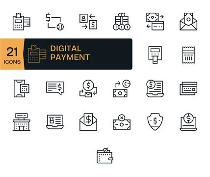 Regular Line Style Digital Payment Vector Icons with 25 64x64 Pixel Optimiz.. Stock Illustration