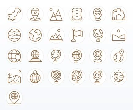 Regular Line Style Geography Vector Icons with 25 128x128 Display Perfect D.. Stock Illustration