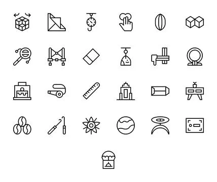 Regular Line Style Object Vector Icons with 25 256x256 Pixel Aligned Designs Illustrazione stock