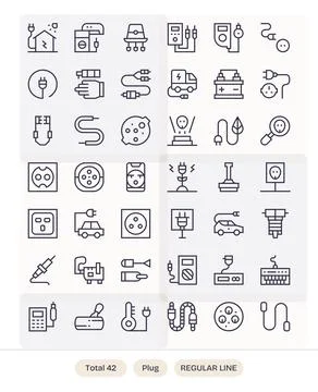 Regular Line Style Plug Vector Icons with 42 Retina Ready PIXEL Perfect Desig Stock Illustration