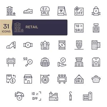 Regular Line Style Retail Vector Icons with 35 High Resolution Display Perf.. Stock Illustration