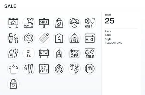 Regular Line Style Sale Vector Icons with 25 256x256 Display Perfect Designs Stock Illustration