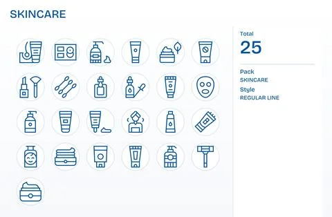 Regular Line Style Skincare Vector Icons with 25 256x256 Pixel Aligned Design Stock Illustration