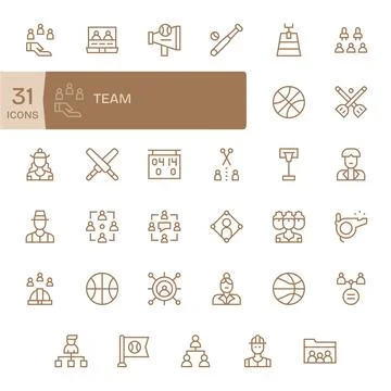 Regular Line Style Team Vector Icons with 35 128x128 Pixel Optimized Designs Stock Illustration