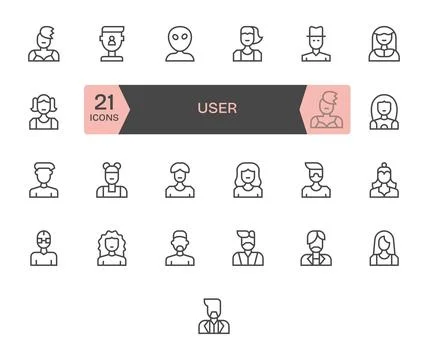 Regular Line Style User Icon Vector Icons with 25 64x64 Display Perfect Desig Stock Illustration