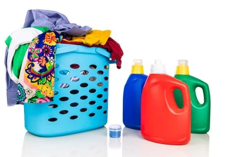 Regular liquid laundry detergent of various fragrance variant with basket ful Stock Photos
