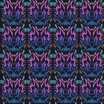 Regular psychedelic pattern with crying wolf heads. Stockillustratie