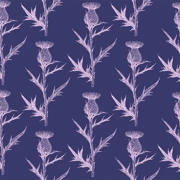 Regular seamless pattern with thistle plants in engraving retro style. Ink 스톡 일러스트