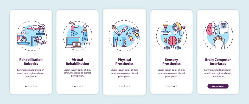 Rehabilitation engineering application mobile app page screen with concepts Stock Illustration
