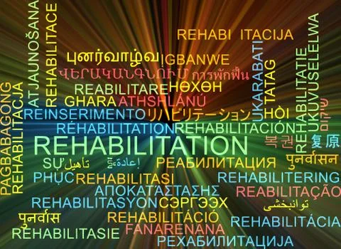 Rehabilitation multilanguage wordcloud background concept glowing Stock Illustration
