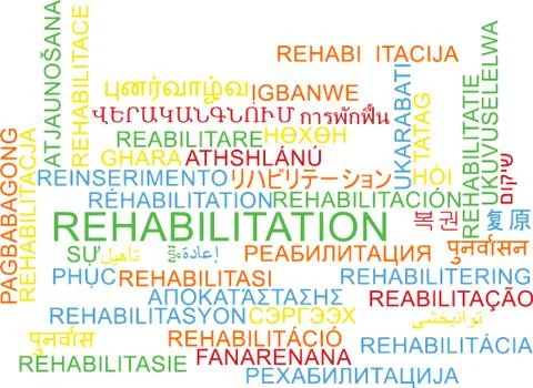 Rehabilitation multilanguage wordcloud background concept Illustrazione stock