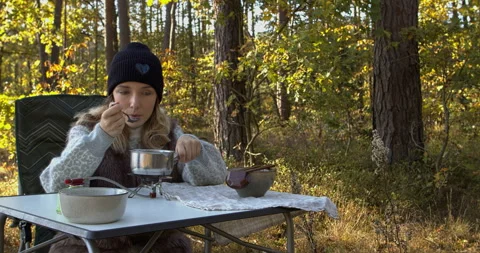 Reheating miso soup in forest. Stock Footage 277276785