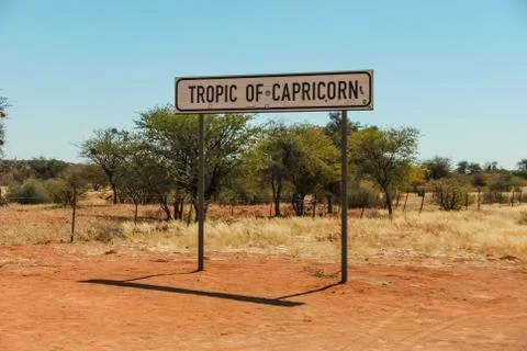 Rehoboth, Namibia, 2 August 2018: Sign of Tropic of Capricorn (or the Souther Stock-Fotos