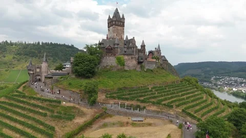 Reichsburg Cochem and its terraced vineyards in summer Vídeos de archivo 340367964