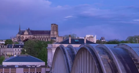 Reims cathedral lightning in the evening, Champagne region, France Stock Footage 135514352