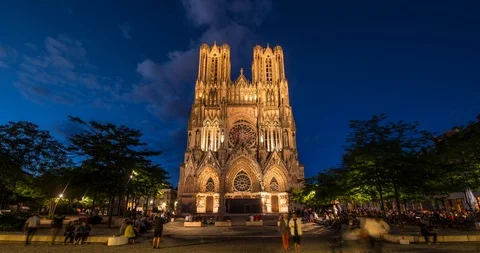 Reims cathedral summer night light show, Champagne region, France Stock Footage 93286721