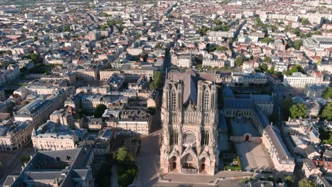 Reims, France: Aerial view of cathedral Cathédrale Notre-Dame in city center Stock Footage