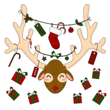 Reindeer head with christmas gift boxes and labels Stock Illustration