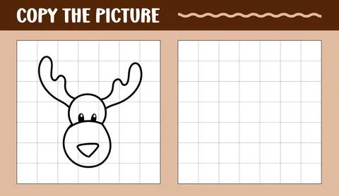 Reindeer learn to draw educational game. Copy the picture printable worksheet Stock Illustration
