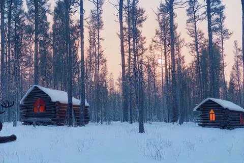 Reindeer next to wooden log cabin in a winter Stock Illustration