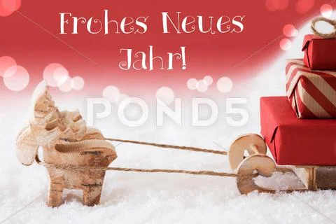 Reindeer With Sled, Red Background, Neues Jahr Means New Year Stock Photos