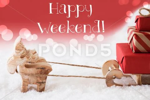 Reindeer With Sled, Red Background, Text Happy Weekend Stock Photos