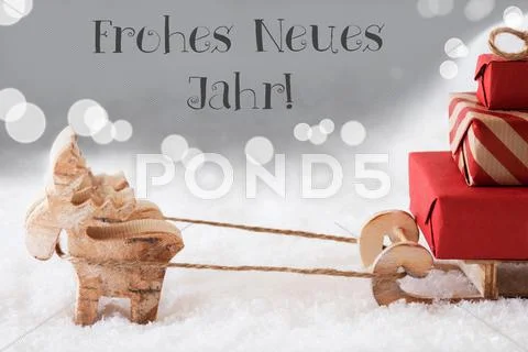 Reindeer With Sled, Silver Background, Neues Jahr Means New Year Stock Photos