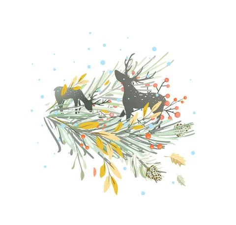 Reindeers or deers in pine tree forest holiday Christmas or New Year design. Stock Illustration