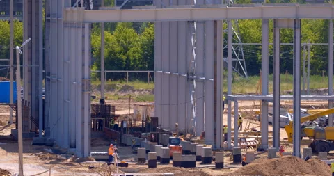 Reinforced concrete frame of the factory workshop under construction Stock Footage 162017783