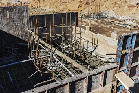 Reinforcement prepared for pouring a reinforced concrete foundation or grilla Stock Photos
