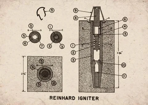 Reinhard Igniter Military Demolition Exploding Device Technical Diagram Doc.. 스톡 일러스트