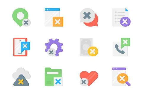 Reject 3d icons set. Pack flat pictograms of cross sign on location pin, we.. Stock Illustration