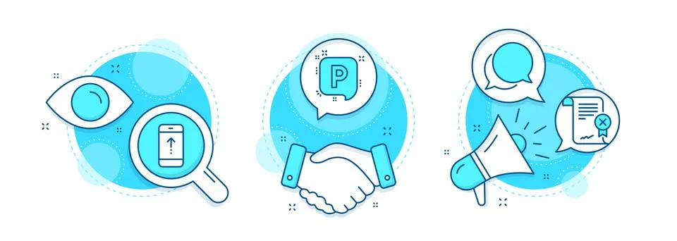 Reject certificate, Chat message and Parking icons set. Swipe up sign. Decline Stock Illustration